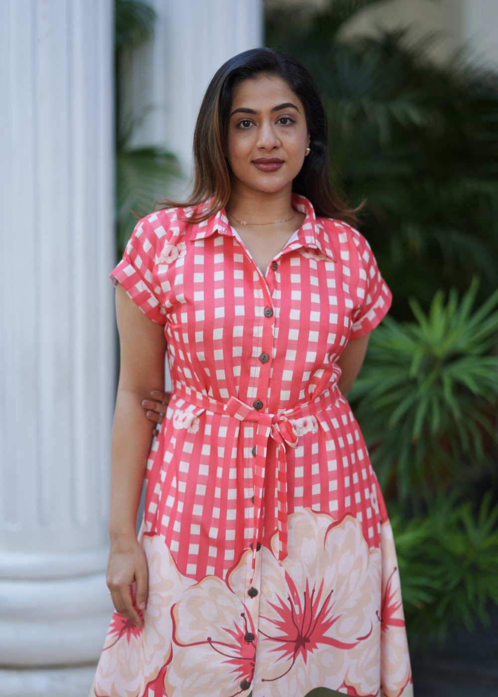Coral Check Linen
