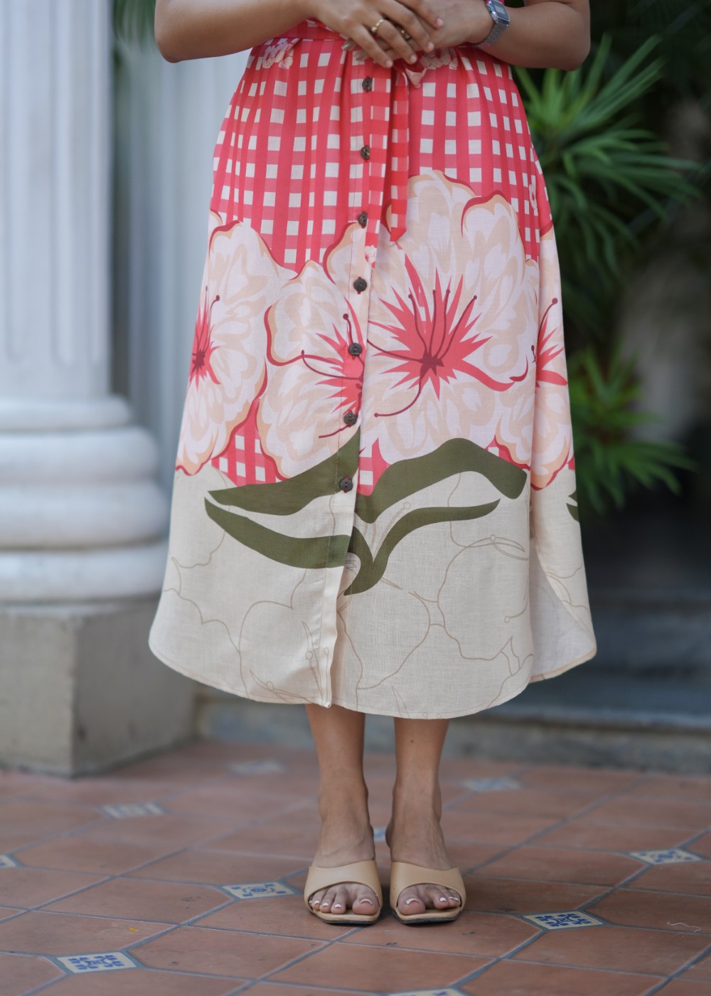 Coral Check Linen