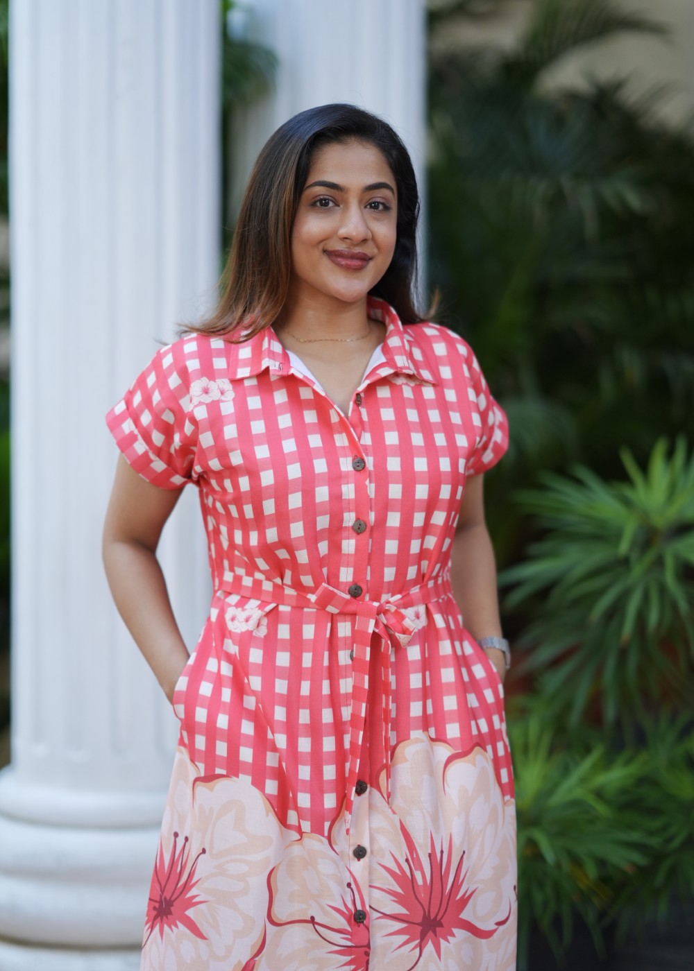 Coral Check Linen